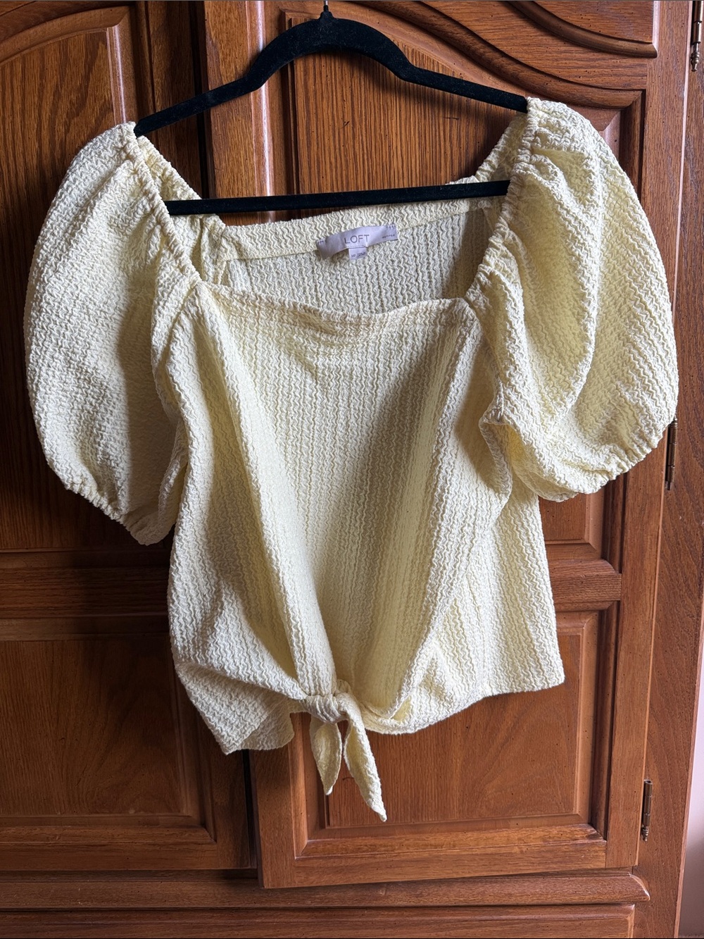 LOFT Pale Yellow Textured Puff-Sleeve Tie-Front Blouse